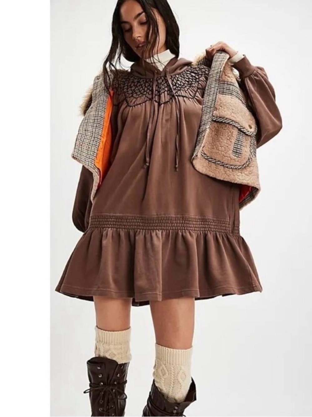 Free People Marty Smocked Hooded Mini Dress Size Large - Picture 8 of 11